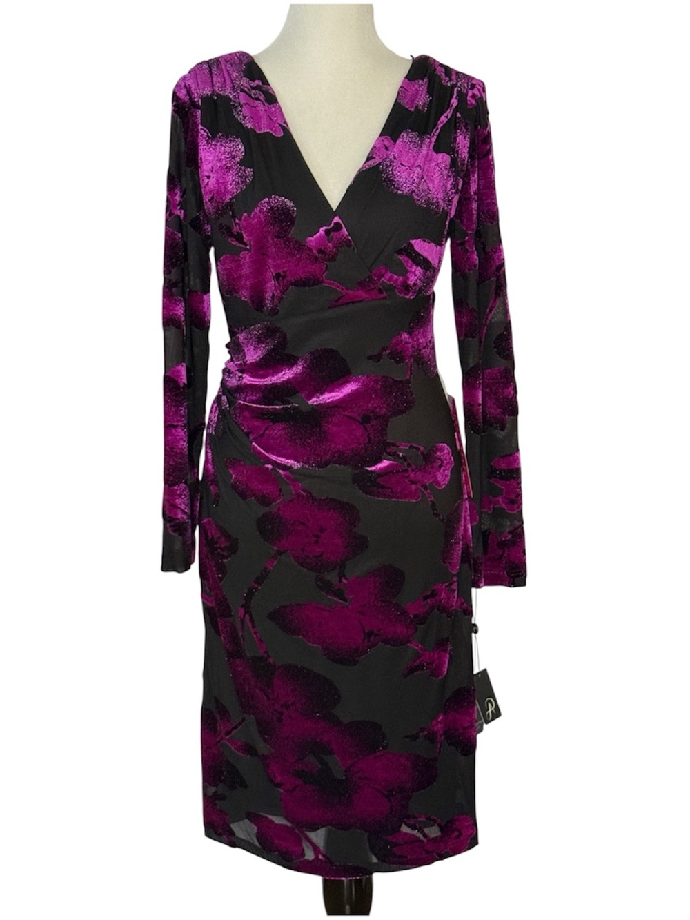 Adrianna Papell Surplus Velvet Midi Dress NWT Size 10 Purple Black Floral Party